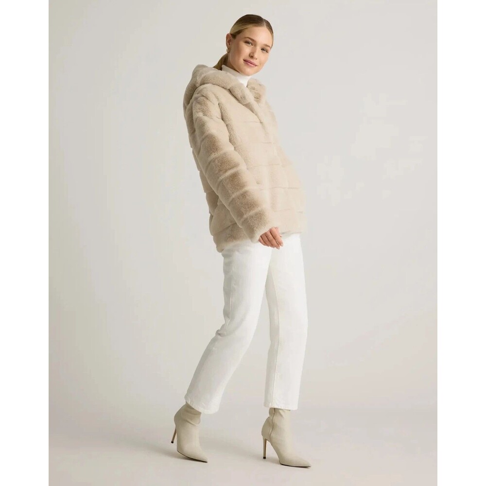 Quince Faux Fur Hooded Jacket Latte Beige Soft Plush Coat Womens XS Cozy Chic - Picture 3 of 14